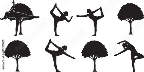 Black Solid Balance Grace Dancer Yoga Silhouettes Set of Six on White Background