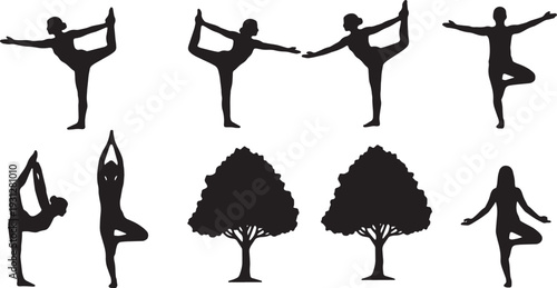 Black Solid Balance Grace Dancer Yoga Silhouettes Set of Six on White Background