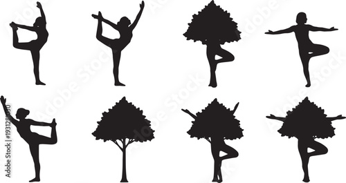 Black Solid Balance Grace Dancer Yoga Silhouettes Set of Six on White Background