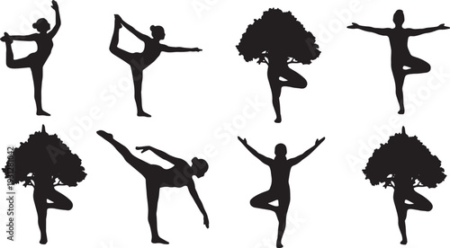 Black Solid Balance Grace Tree Yoga Silhouettes Set of Six on White Background