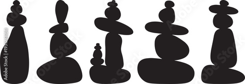 Black Solid Balancing Rock Silhouettes Set of Six on White Background