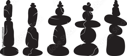 Black Solid Balancing Rock Silhouettes Set of Six on White Background