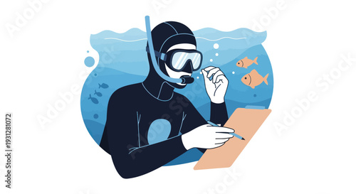 Scuba Diver Underwater Taking Notes with Clipboard and Pen.