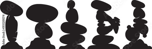 Black Solid Balancing Rock Silhouettes Set of Six on White Background