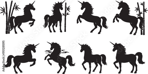 Black Solid Bamboo Forest Unicorn Silhouettes Set of Six on White Background
