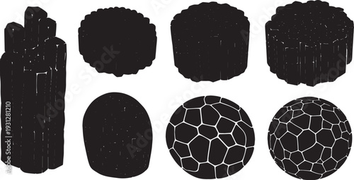 Black Solid Basalt Column Silhouettes Set of Six on White Background