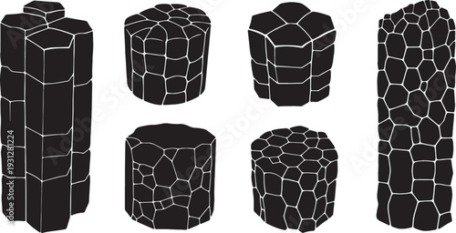 Black Solid Basalt Column Silhouettes Set of Six on White Background