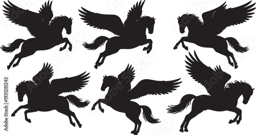 Black Solid Battle Dive Pegasus Silhouettes Set of Six on White Background