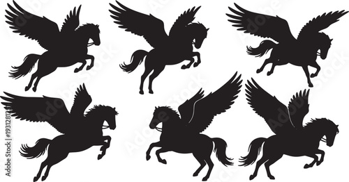 Black Solid Battle Dive Pegasus Silhouettes Set of Six on White Background