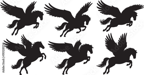 Black Solid Battle Dive Pegasus Silhouettes Set of Six on White Background