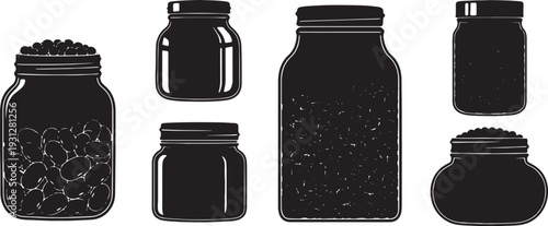 Black Solid Bean Jar Silhouettes Set of Six on White Background