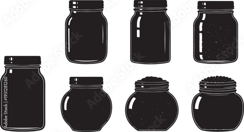 Black Solid Bean Jar Silhouettes Set of Six on White Background
