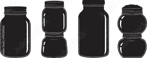Black Solid Bean Jar Silhouettes Set of Six on White Background