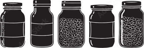 Black Solid Bean Jar Silhouettes Set of Six on White Background
