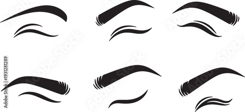 Black Solid Beauty Eyebrow Silhouettes Set of Six on White Background
