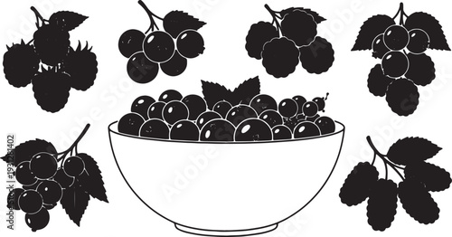 Black Solid Berry Bowl Silhouettes Set of Six on White Background