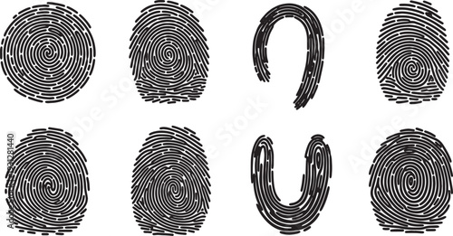 Black Solid Biometric Fingerprint Silhouettes Set of Six on White Background