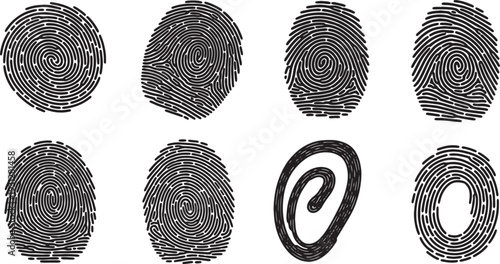 Black Solid Biometric Fingerprint Silhouettes Set of Six on White Background
