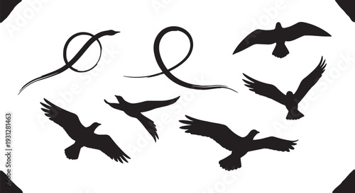 Black Solid Bird Flight Path Silhouettes Set of Six on White Background
