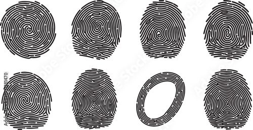 Black Solid Biometric Fingerprint Silhouettes Set of Six on White Background