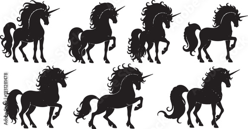 Black Solid Braided Unicorn Silhouettes Set of Six on White Background