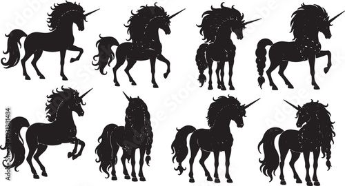 Black Solid Braided Unicorn Silhouettes Set of Six on White Background