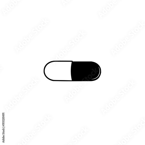 Minimalist black and white capsule illustration, half solid black, half solid white on clean background, ideal for pharmaceutical, medicine, and health branding.