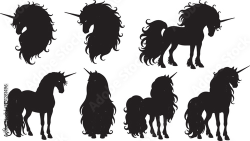 Black Solid Braided Unicorn Silhouettes Set of Six on White Background