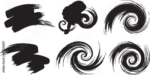 Black Solid Calligraphic Ink Swirl Silhouettes Set of Six on White Background