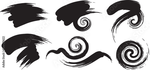 Black Solid Calligraphic Ink Swirl Silhouettes Set of Six on White Background