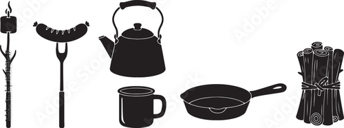 Black Solid Campfire Cooking Silhouettes Set of Six on White Background