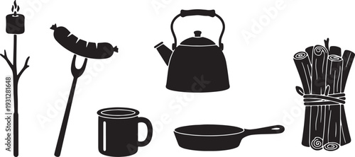 Black Solid Campfire Cooking Silhouettes Set of Six on White Background
