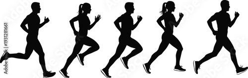 Black silhouette sequence of diverse men and women running in side view, dynamic jogging and sprinting poses, modern vector fitness illustration
