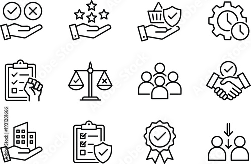 Quality assurance and compliance line icons set featuring approval, checklist, customer rating, partnership agreement, governance and certification concepts for business