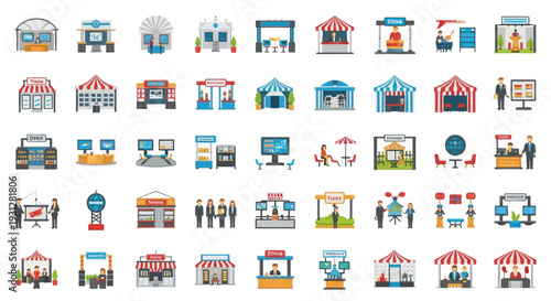 Flat design icon set of trade show booths exhibition stands market stalls and business presentations.