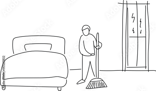 Minimalist line drawing person sweeping bedroom with window scene, flat vector