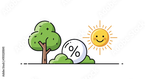 Summer sale promotion concept featuring a bright smiling sun, green tree, and large percent discount symbol in a garden setting.