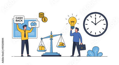Business financial management and efficiency concept with people, scales of justice, lightbulb, and clock icons.