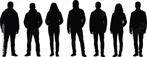 Black silhouette group of diverse people standing in a row, men and women figures in casual poses, modern vector illustration artwork