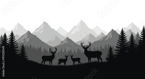 Majestic deer family stands against a mountainous backdrop silhouette