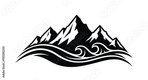 Dramatic mountain range and swirling waves depicted in black silhouette