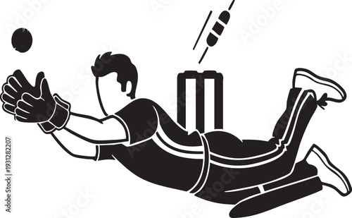 Cricket Catch: A dynamic silhouette captures a cricket player mid-air, diving to make a spectacular catch, with the ball and wicket forming a classic sports scene.