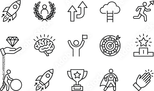 Success and achievement line icons set featuring rocket launch, target goal, trophy award, leadership, growth and motivation concepts collection
