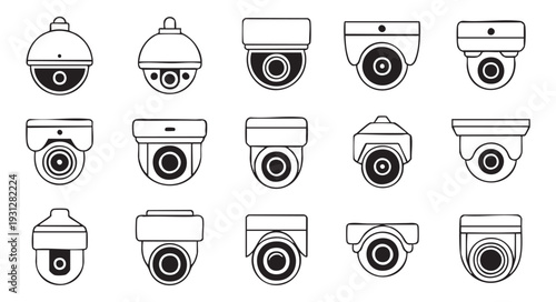 CCTV camera vector icons set, collection of security cameras in line art style for surveillance