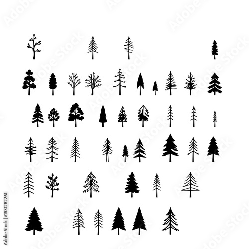 Minimalist black outline tree line icon set featuring assorted deciduous and conifer silhouettes on a white background for forest design use
