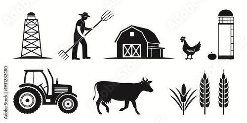 Illustration of various farm animals, equipment, and crops representing agricultural life