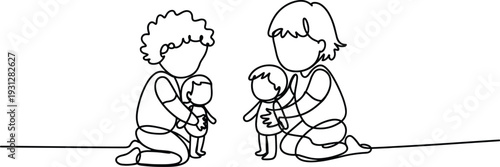 Flat vector illustration of children kneeling, holding dolls, playful interaction scene