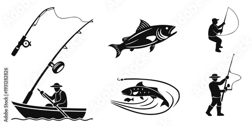 Anglers in boats and a large fish swimming in the water