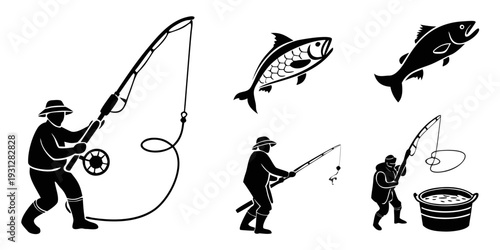 Fishermen casting lines and catching large fish in a serene body of water