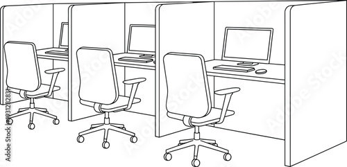 Flat vector illustration of computer workstations with privacy partitions, office chairs